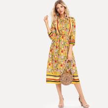 Shein Frilled Tie Neck Mixed Print Dress
