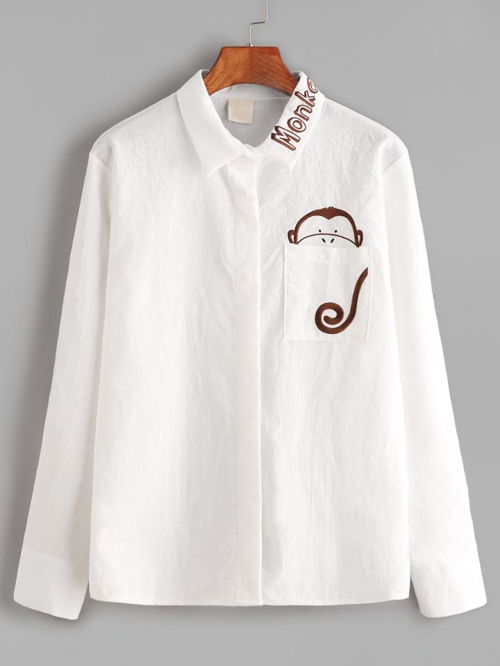 Shein White Embroidered Shirt With Pocket