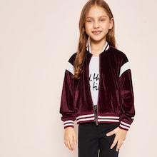 Shein Girls Cut-and-sew Striped Trim Velvet Bomber Jacket