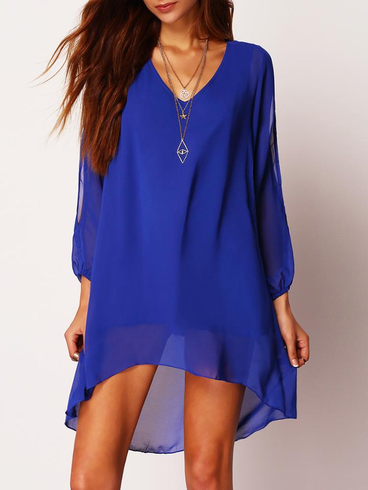 Shein Blue V Neck Dip Hem Chiffon Dress