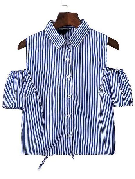 Shein Blue Striped Cold Shoulder Open Back Blouse With Tie