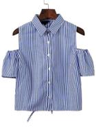 Shein Blue Striped Cold Shoulder Open Back Blouse With Tie