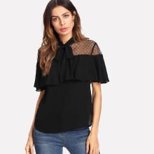 Shein Tie Neck Polka Dot Mesh Shoulder Ruffle Top
