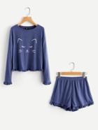 Shein Cartoon Cat Print Frill Trim Top And Shorts Pajama Set