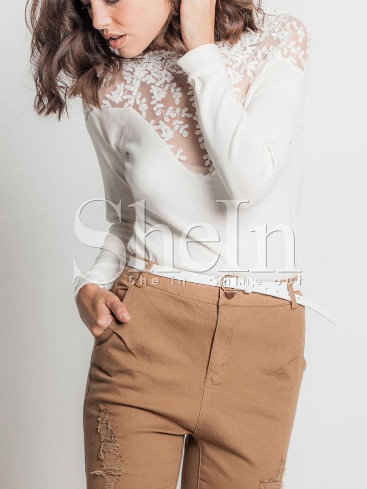 Shein White Lace Embroidered Panel Blouse