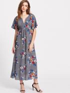 Shein Flower Print V Notch Flutter Sleeve Two Way Belted Dress