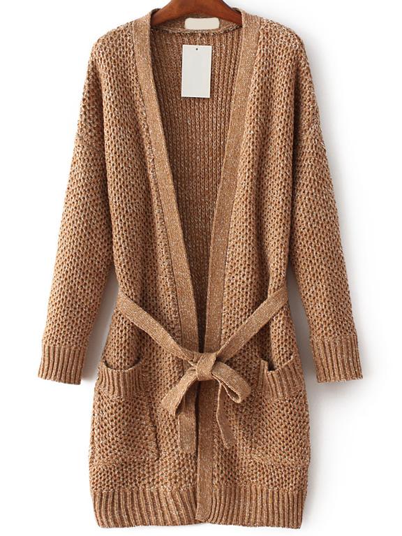 Shein Khaki Long Sweater Coat With Self Tie