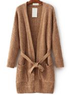 Shein Khaki Long Sweater Coat With Self Tie