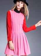 Shein Pink Stand Collor Long Sleeve Wrinkle Dress