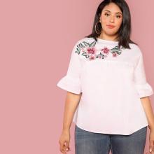 Shein Plus Ruffle Sleeve Flower Embroidery Blouse