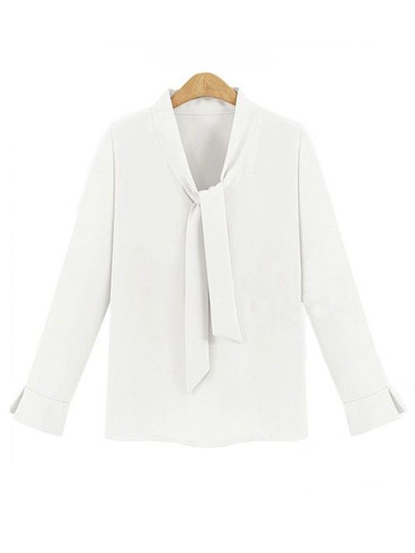 Shein White Tie Collar Chiffon Shirt