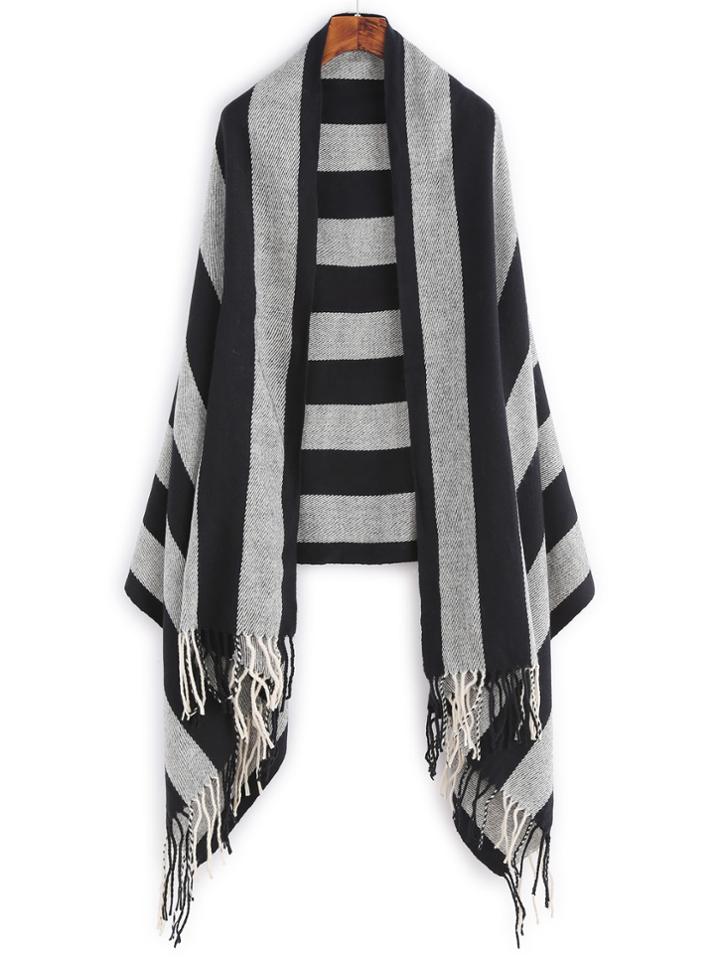 Shein Black And Grey Striped Fringe Trim Scarf