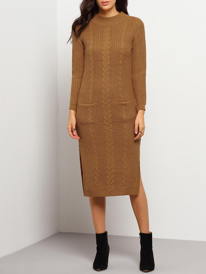 Shein Khaki Long Sleeve Split Side Pockets Cable Knit Sweater Dress