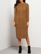 Shein Khaki Long Sleeve Split Side Pockets Cable Knit Sweater Dress