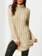 Shein Apricot Turtleneck Cable-knit Split Sweater