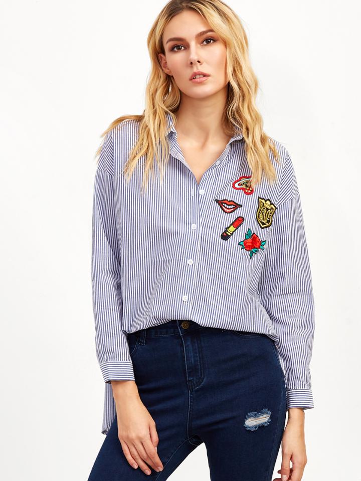 Shein Blue Vertical Striped High Low Embroidered Blouse