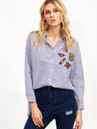 Shein Blue Vertical Striped High Low Embroidered Blouse