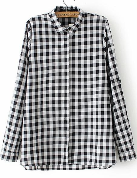 Shein Black White Lapel Long Sleeve Plaid Blouse