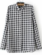 Shein Black White Lapel Long Sleeve Plaid Blouse