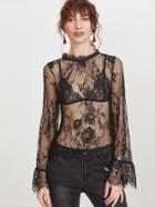 Shein Black Buttoned Keyhole Back Sheer Floral Lace Top