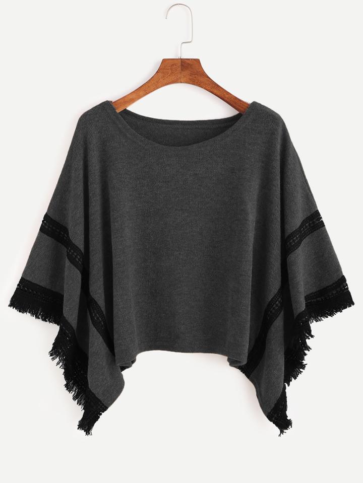 Shein Grey Contrast Crochet Fringe Hem Poncho Sweater