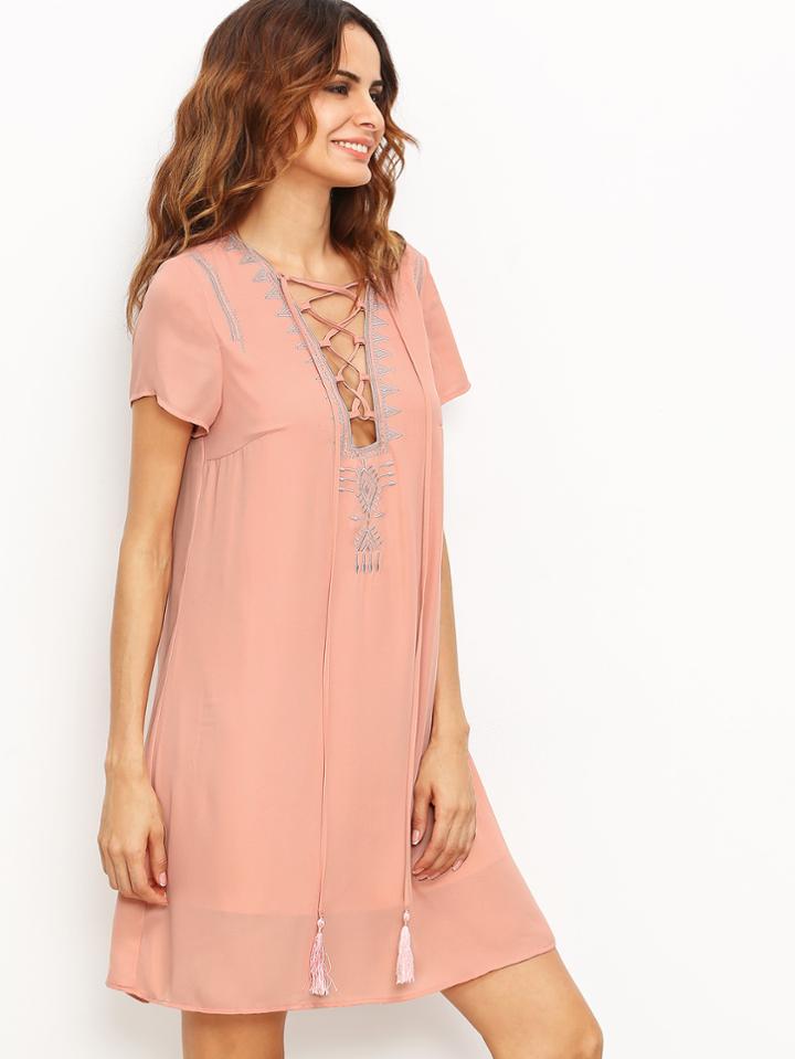 Shein Lace Up Tassel Tie Swing Dress