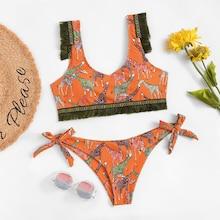 Shein Tie Side Fringe Trim Random Giraffe Print Bikini Set