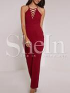 Shein Red Spaghetti Strap Back Lace Up Front Jumpsuit