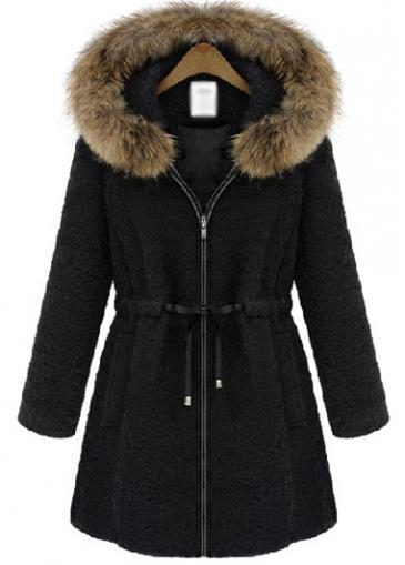 Rosewe Enchanting Hooded Collar Long Sleeve Zipper Closure Black Coat