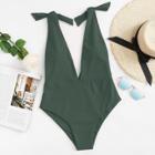 Shein Plus Self Tie Shoulder Plunge Neck Swimsuit