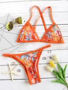 Shein Orange Leaf Print Triangle Bikini Set