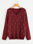 Shein Pearl Beaded Dip Hem Textured Jumper