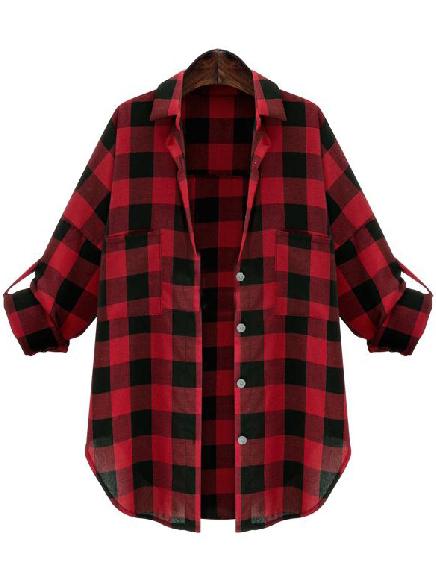 Shein Red Black Lapel Checks Plaid Pockets Blouse
