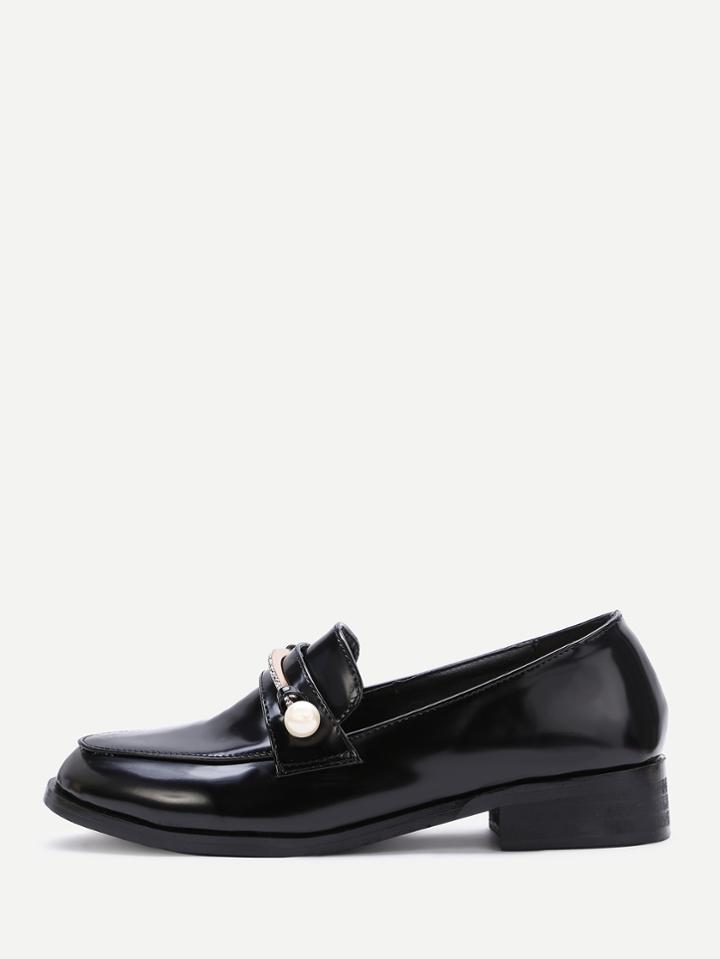Shein Black Faux Pearl Design Pu Loafers