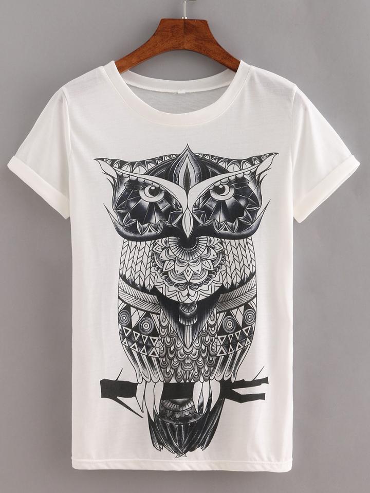 Shein Owl Print White T-shirt