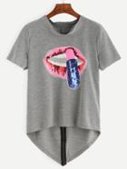 Shein Heather Grey Sequin Lip Zip Back Dip Hem T-shirt