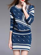 Shein Navy Knit Striped Top With Skirt