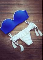 Rosewe Faux Pearl Decorated Blue And White Bikini