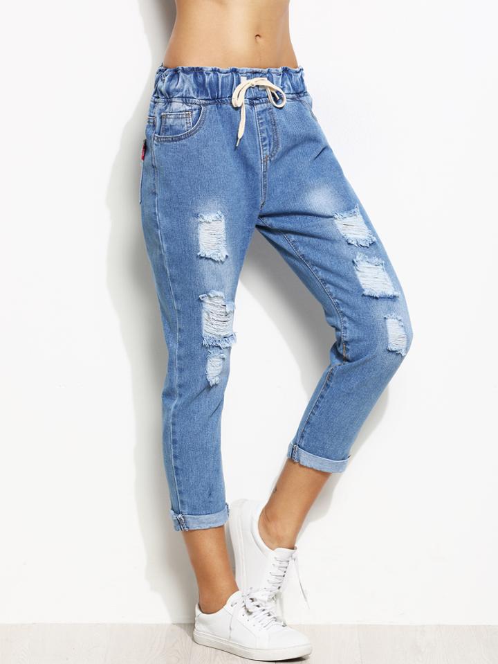 Shein Distressed Rolled Hem Drawstring Jeans