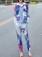 Shein Multicolor Lapel Leaves Print Top With Pants