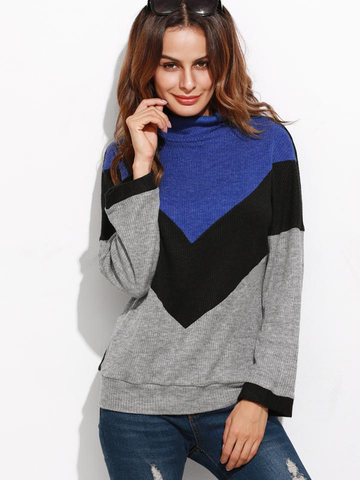 Shein Color Block High Neck Ribbed Sweatshirt