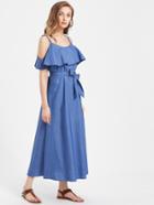 Shein Open Shoulder Layered Maxi Long Dress With Belt