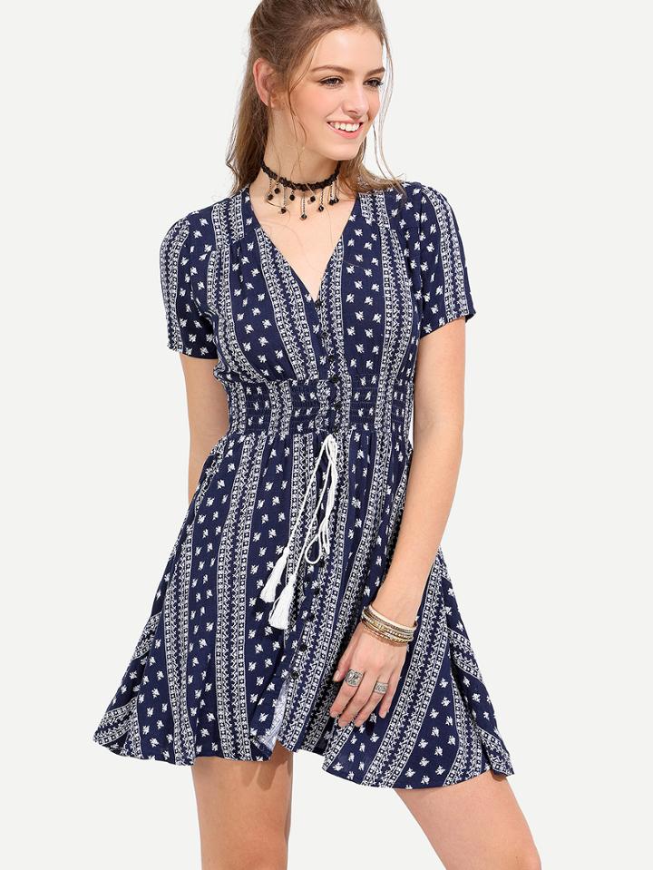 Shein Navy Vintage Print V Neck Dress