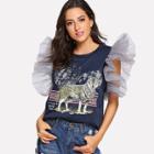 Shein Mesh Contrast Wolf Print Tee