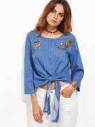 Shein Blue Knotted Front Chambray Top With Sequin And Patch Detail