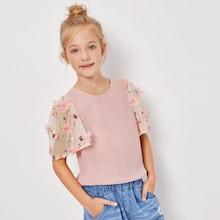 Shein Girls Appliques Mesh Sleeve Keyhole Back Top