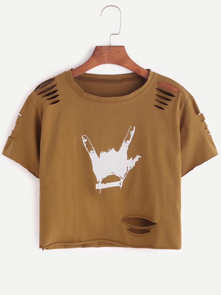 Shein Khaki Gesture Print Ripped Raw Hem Crop T-shirt