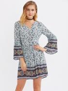 Shein Trumpet Sleeve Paisley Print Tie Neck Dress
