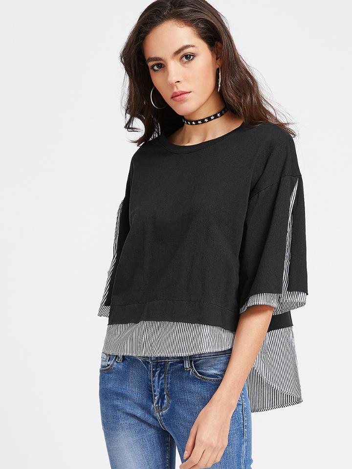 Shein Black Contrast Striped High Low 2 In 1 T-shirt