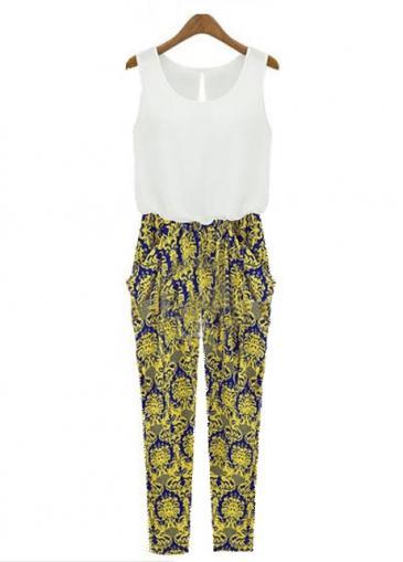 Rosewe White And Printed Splicing Sleeveless Jumpsuit For Women